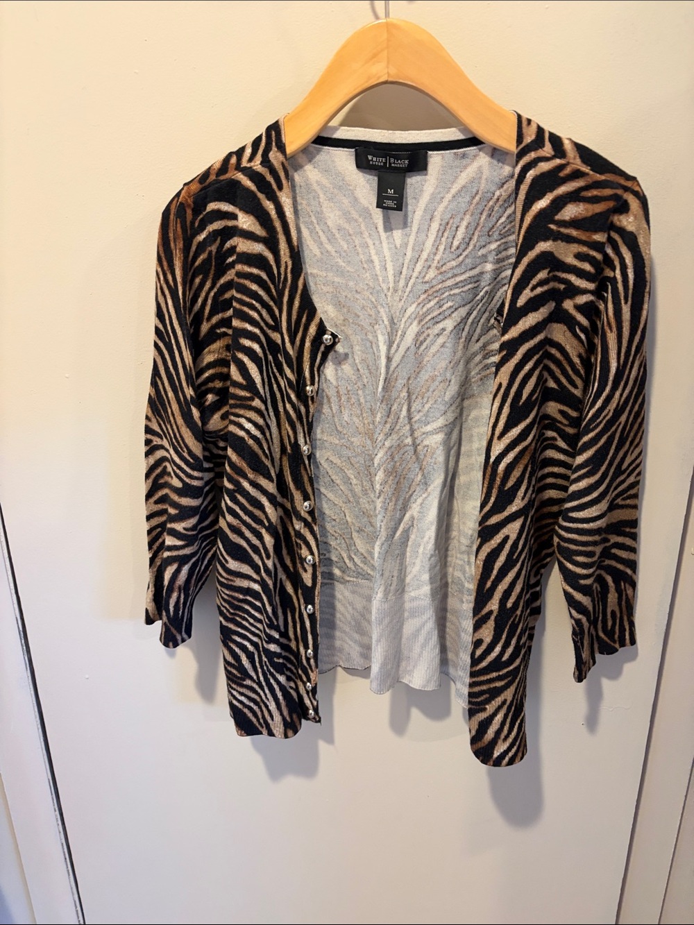 White House Black Market Zebra-Print Button Front Cardigan in Brown and Black